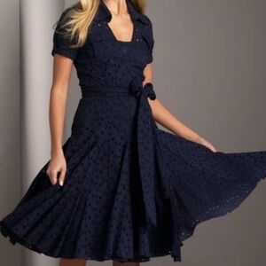 Diane Von furstenberg Navy Eyelet Shirt Dress - Women's Short Sleeve Wrap
